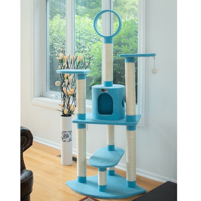 Classic 65 inches Real Wood Five Levels Cat Tree With Perch, Condo, Hanging Tunnel, , alternate image number 2