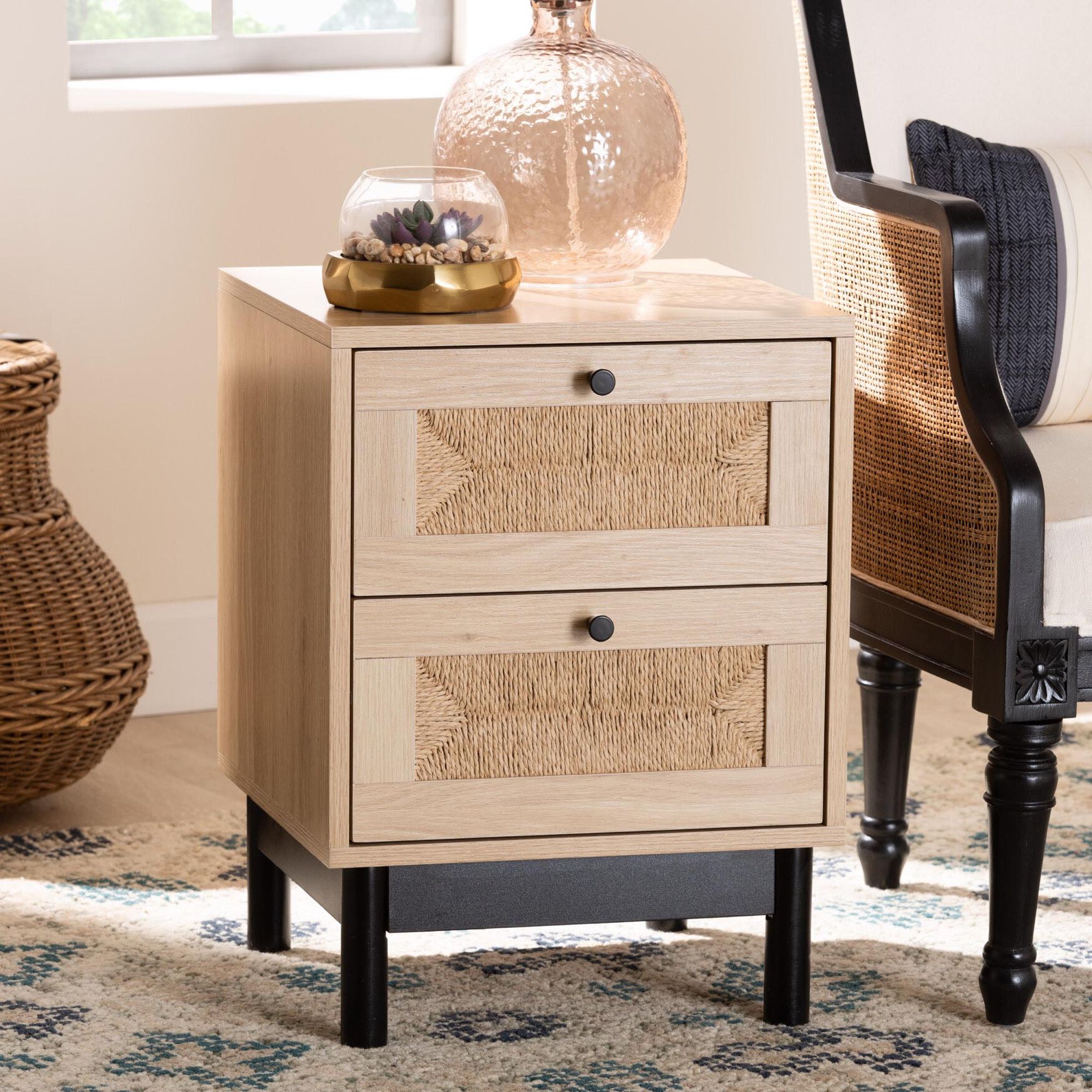 Cherelle Mid-Century Modern Light Brown And Black 2-Drawer End Table, , alternate image number 7