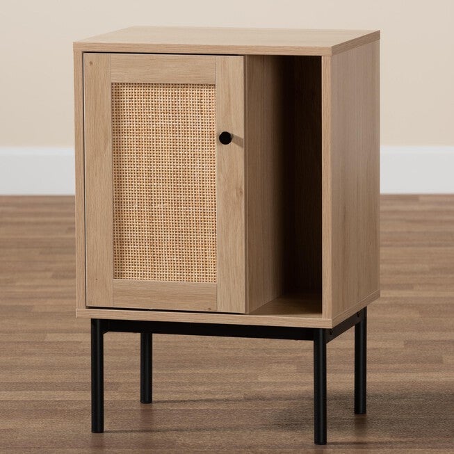 Sherwin Mid-Century Modern Light Brown And Black 1-Door Cabinet With Woven Rattan Accent, , alternate image number null