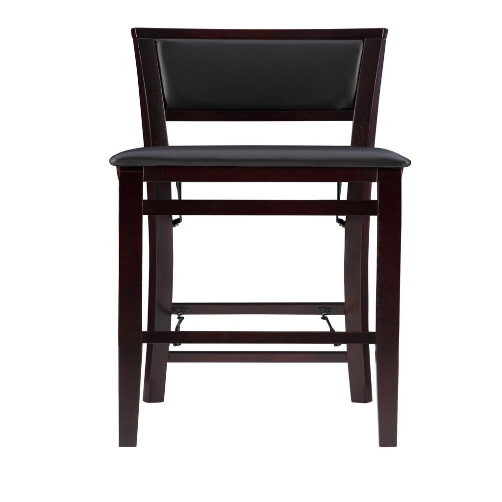 Front view of a single dark wood bar stool with padded seat and backrest.