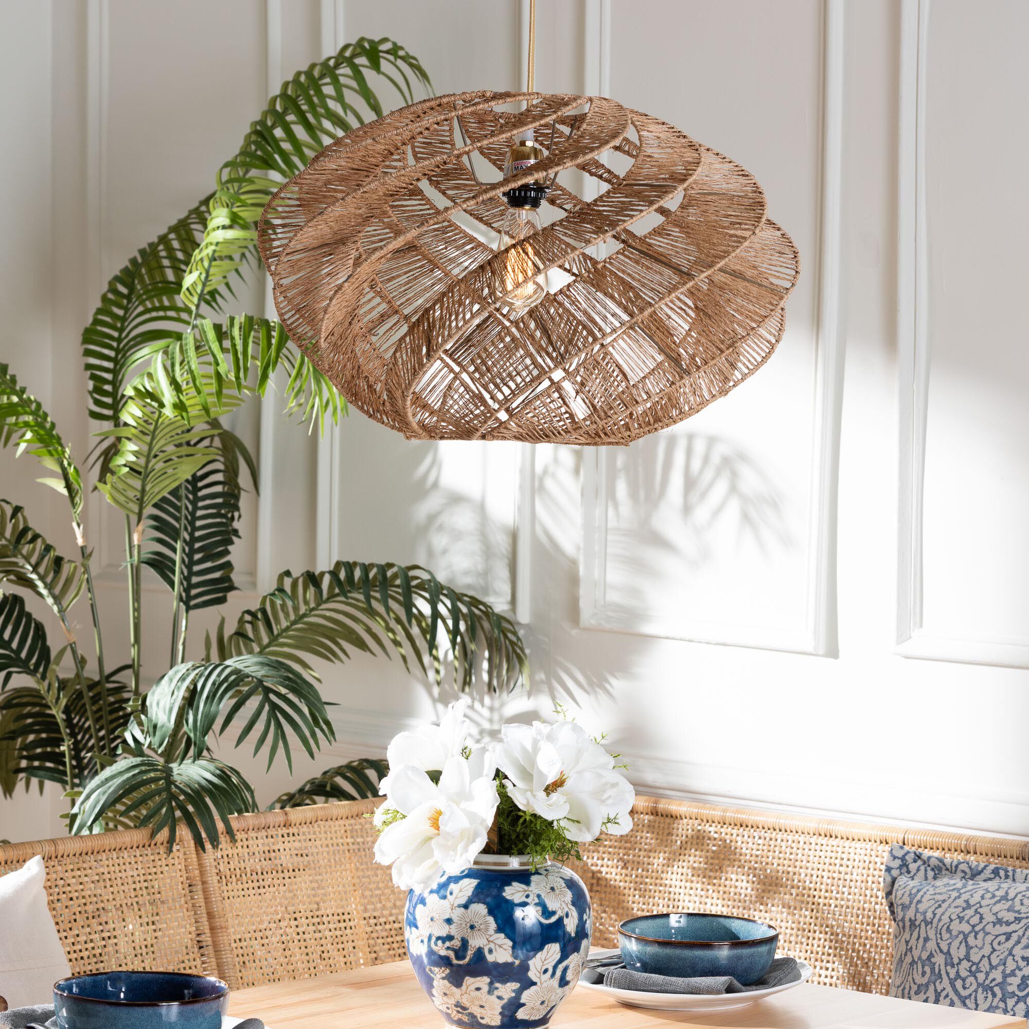 Enola Handwoven Jute Pendant Lampshade - Boho Chic Ceiling Light Cover with Twisted Spiral Design, BROWN, hi-res image number 0