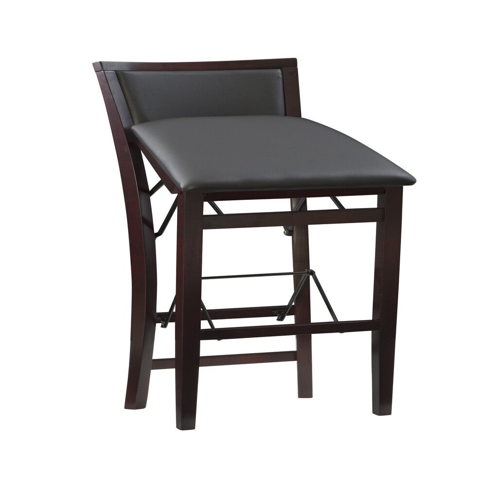 Angle view of a dark wood bar stool with padded seat and visible metal support understructure.