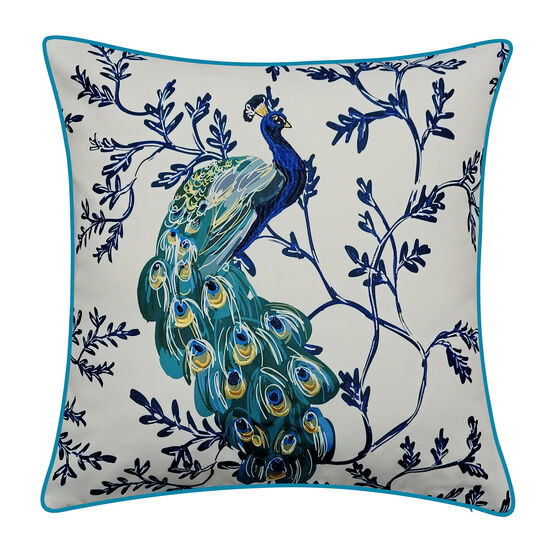 Edie @ Home Indoor/Outdoor Peacock Print With Embroidery Decorative Throw Pillow 20X20, Turq Multi, TURQUOISE MULTI, hi-res image number null