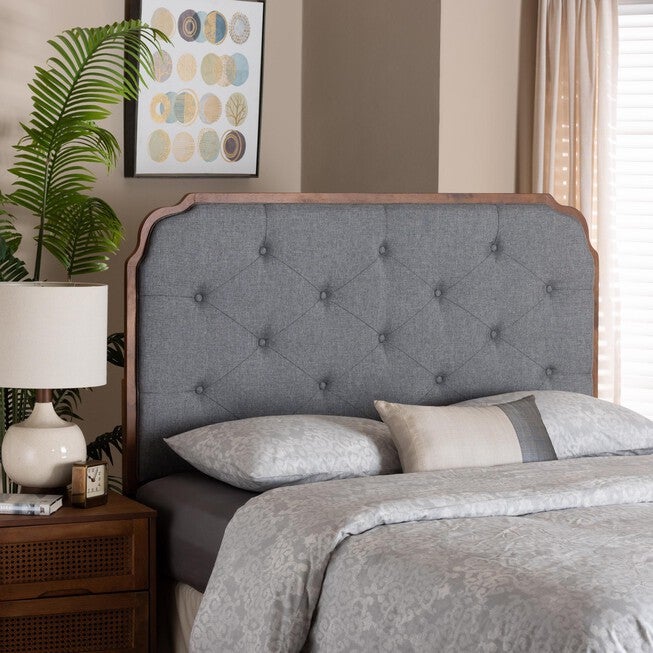 Shanti Classic And Traditional Grey Fabric And Walnut Brown Finished Wood King Size Headboard, , alternate image number 4