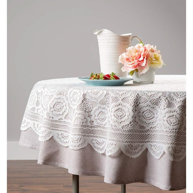 White Floral Polyester Lace Round Tablecloth, , alternate image number 4