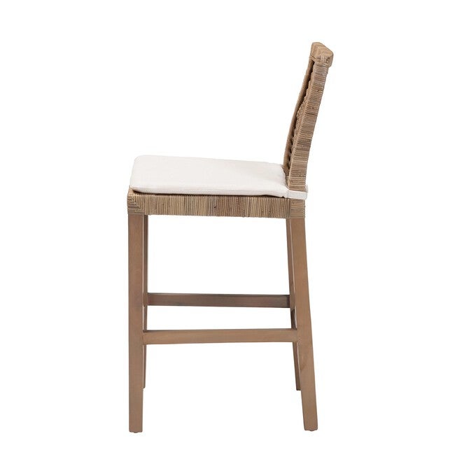Poltak Modern Bohemian Grey Natural Kubu Rattan And Mahogany Wood Counter Stool, , alternate image number null