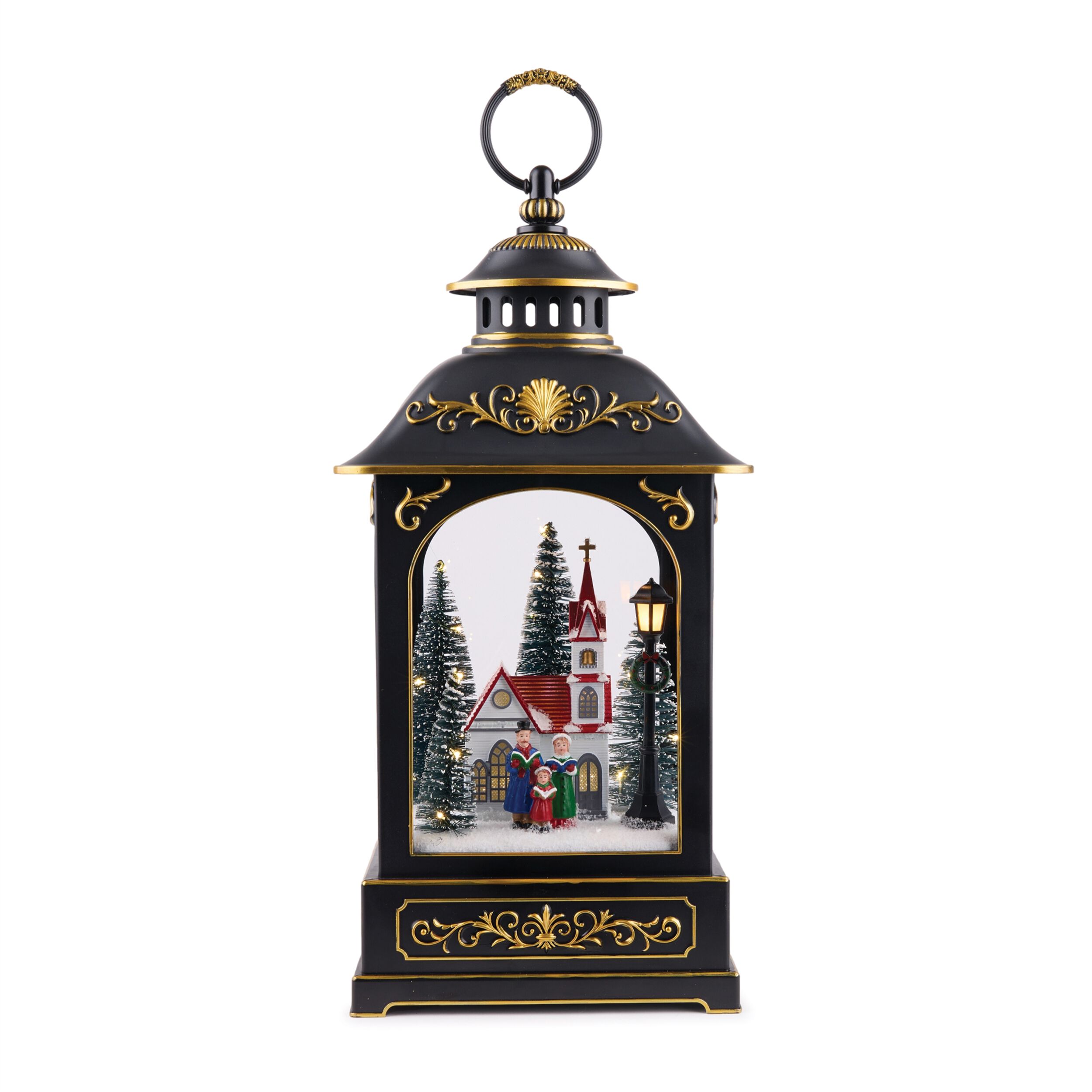 LED Lantern Scene with Church and Carolers 17.5 inchesH, BLACK. GOLD, hi-res image number 0