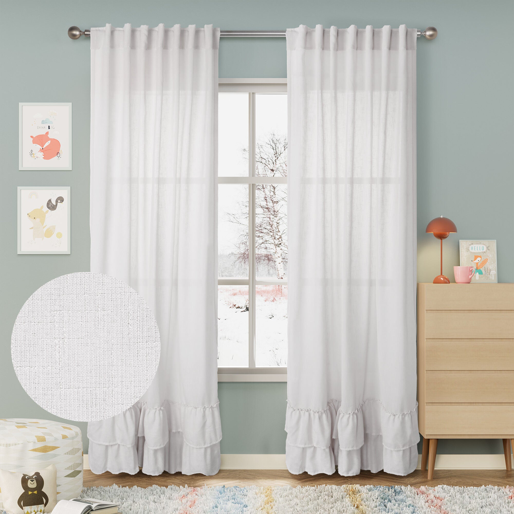 Linen Texture Double Ruffle Back Tab Curtain Pair, PALE CORAL, hi-res image number 0