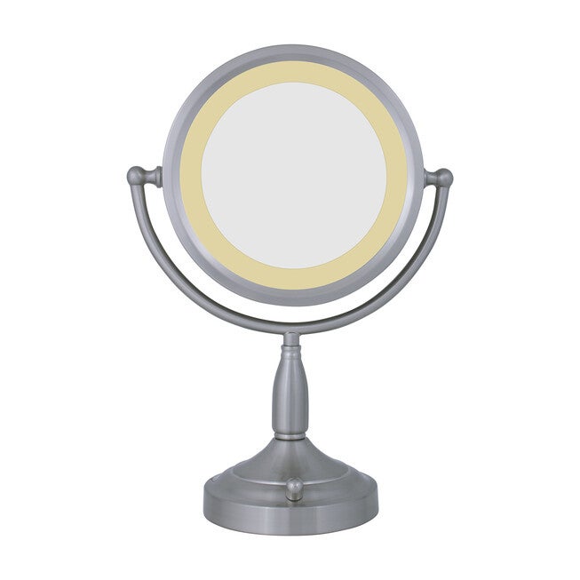 Round Dual-Sided Lighted Vanity Mirror 8X/1X, NICKEL, hi-res image number 0