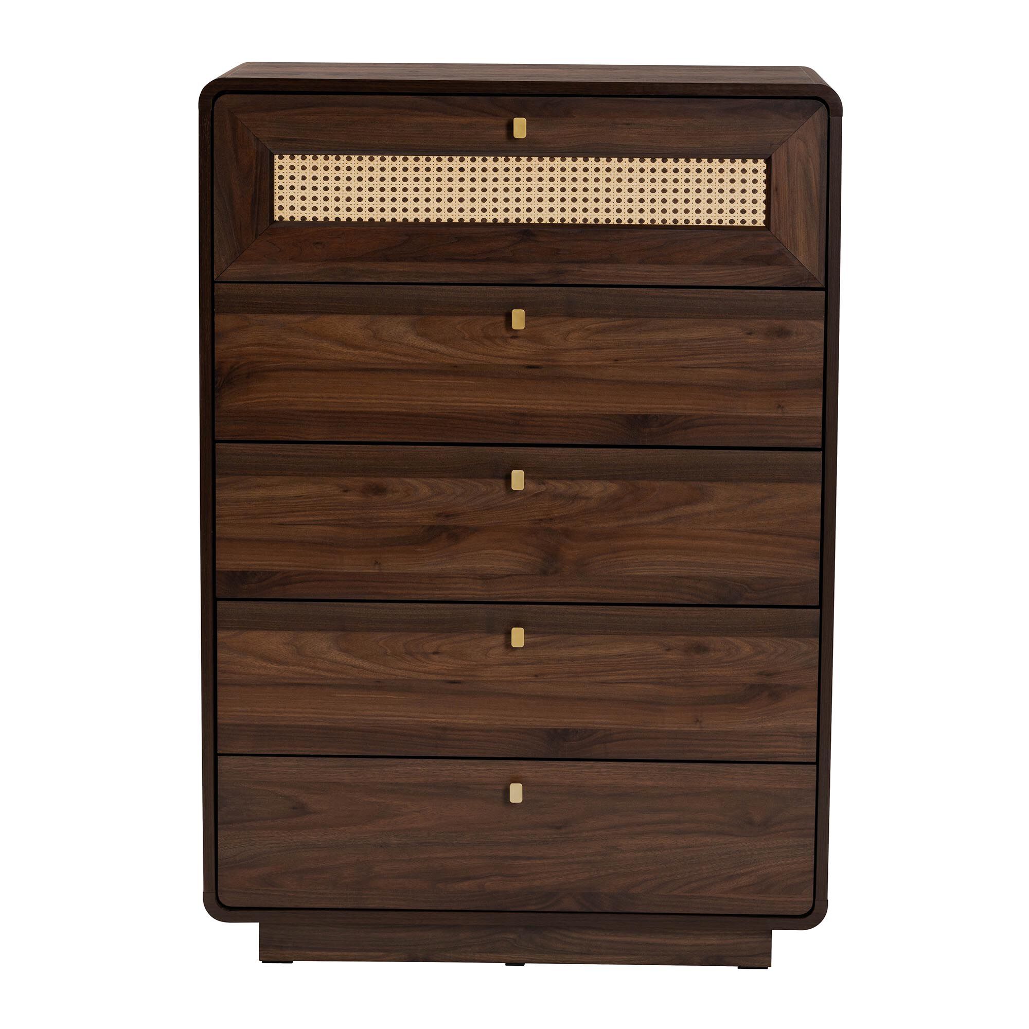 Jenibelle Classic Walnut Brown Wood 5-Drawer Chest with Rattan Drawer, BROWN, alternate image number 4