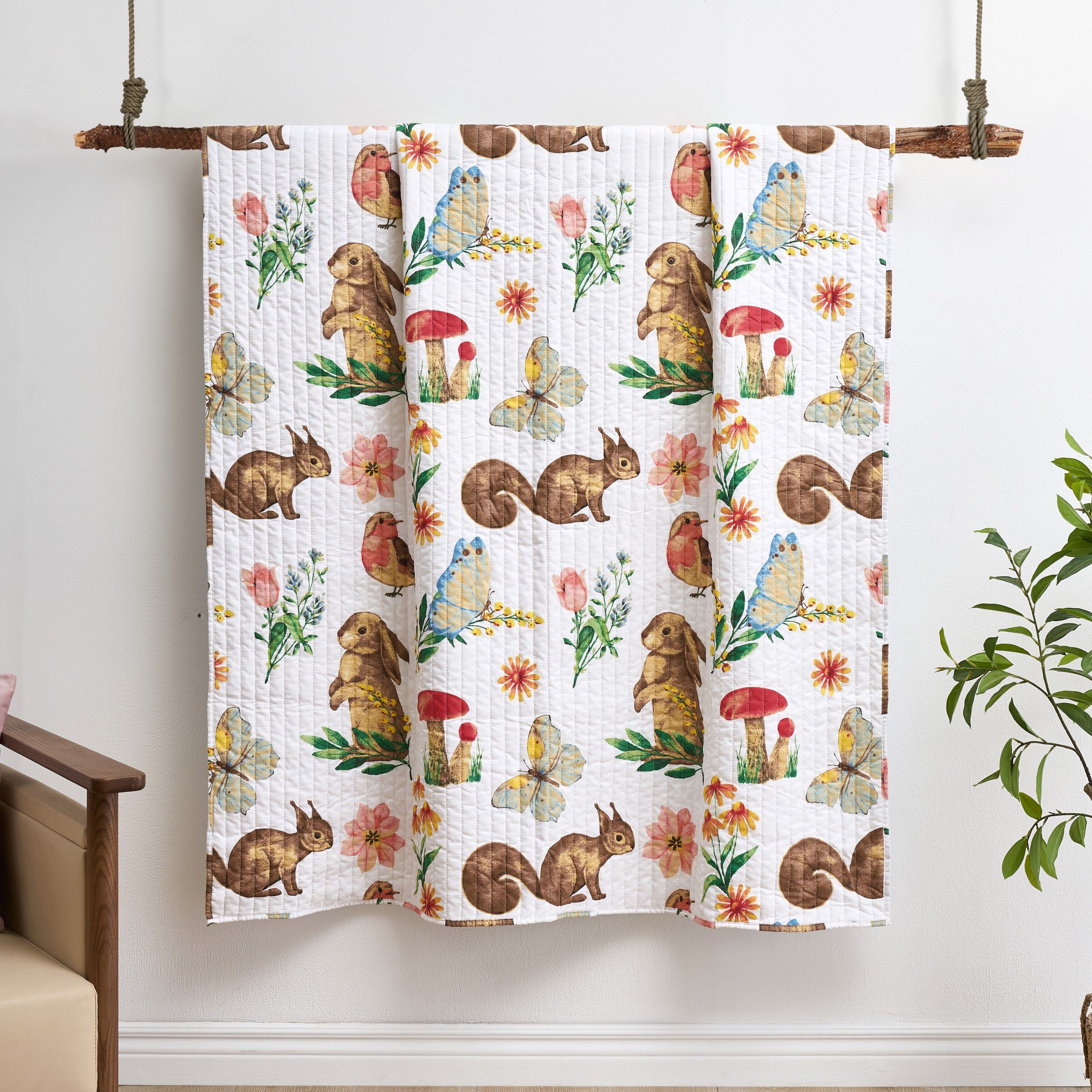 Willow Spring Forest Animals Quilted Throw Blanket, WHITE, alternate image number 1