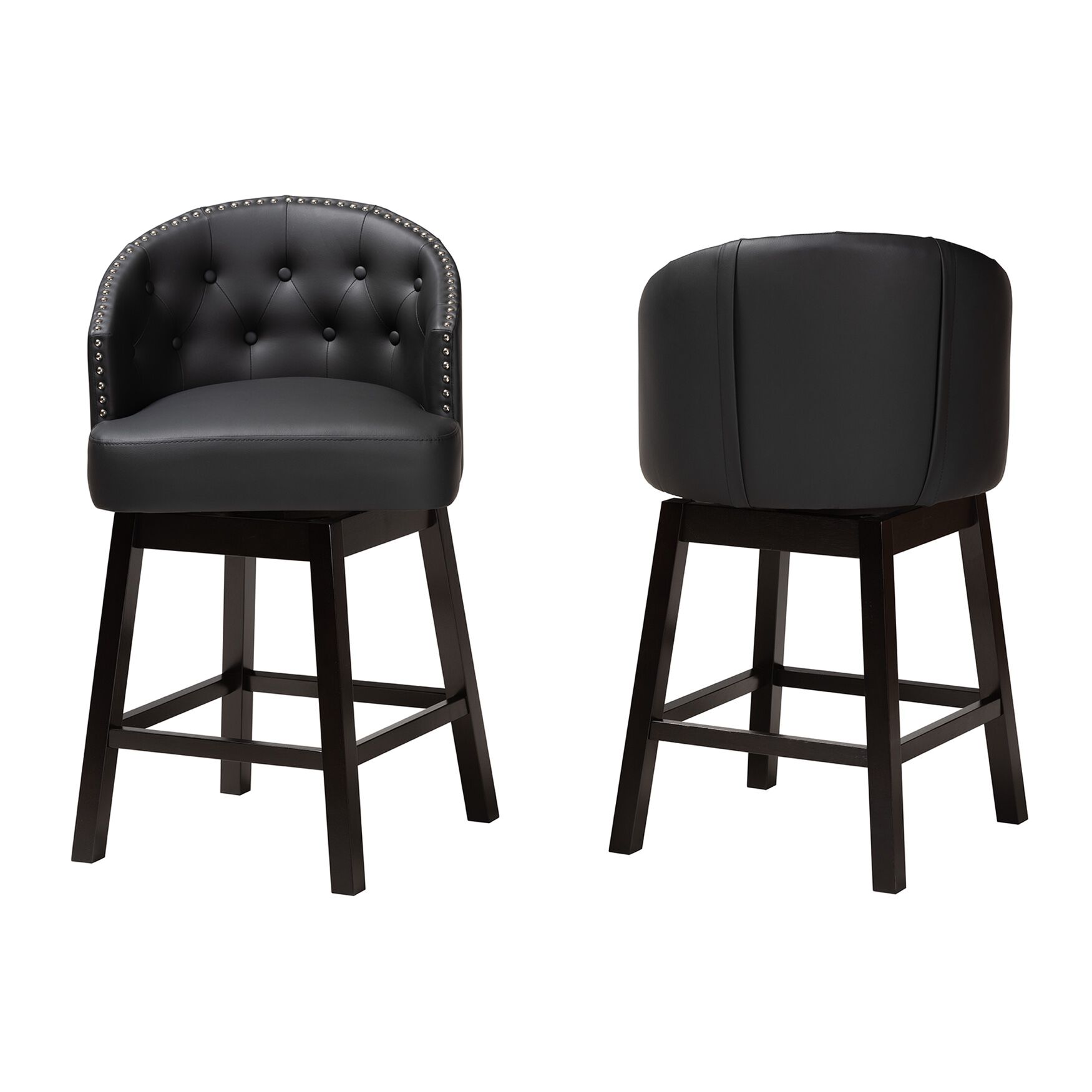 Theron Mid-Century Transitional Black Faux Leather and Espresso Brown Finished Wood 2-Piece Swivel Counter Stool Set, , on-hover image number 1