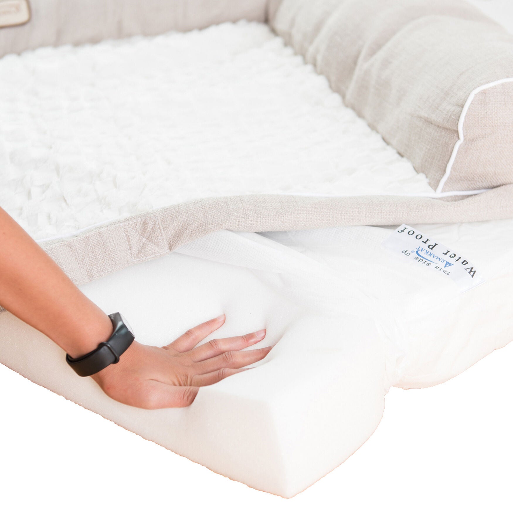 Bolstered Pet Bed Cushion With Memory Foam, Medium Ivory & Beige, , alternate image number 7