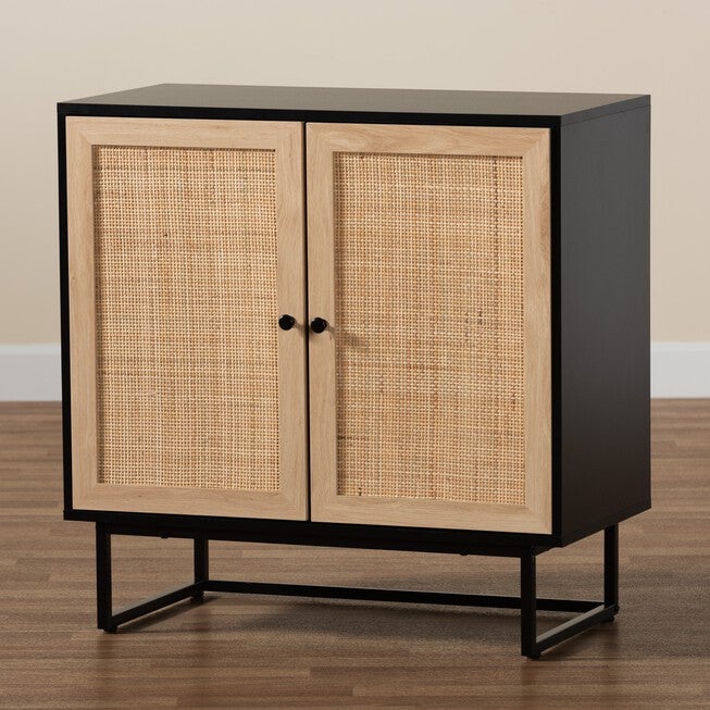Declan Mid-Century Modern Espresso Brown Finished Wood And Natural Rattan 2-Door Storage Cabinet, , alternate image number null