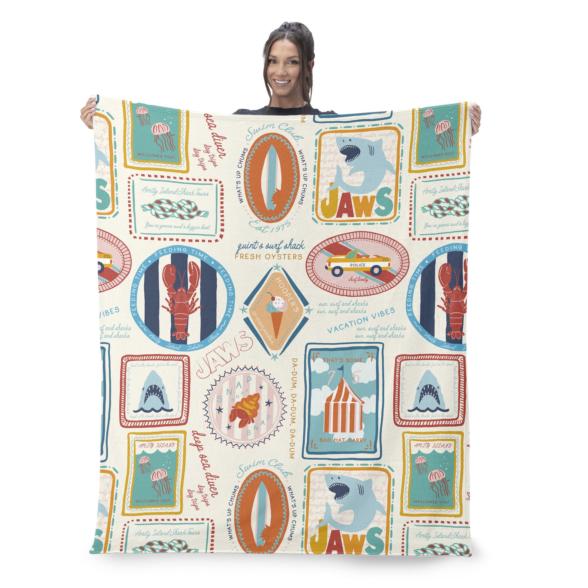 Jaws Jaws Post Stamps Silk Touch Sherpa Throw Blanket 50x60 inches, BROWN, on-hover image number 1