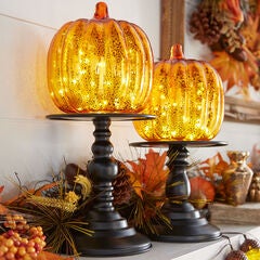 11"H x 6"Diam. Pre-Lit Glass Pumpkin on Stand