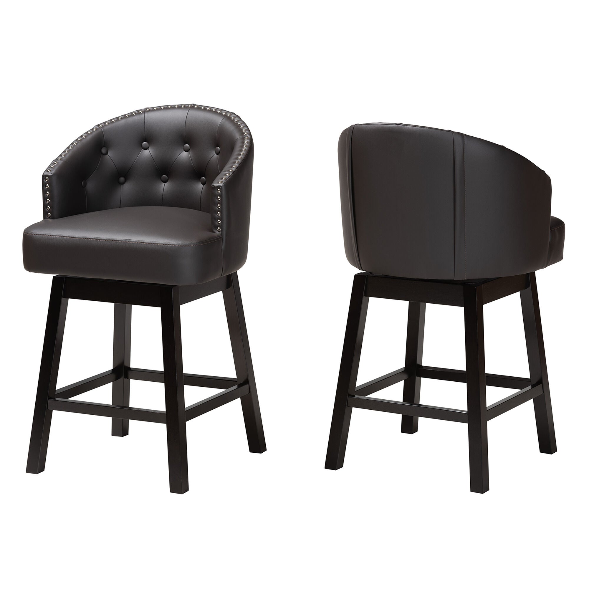 Theron Mid-Century Transitional Black Faux Leather and Espresso Brown Finished Wood 2-Piece Swivel Counter Stool Set, BROWN, alternate image number 8