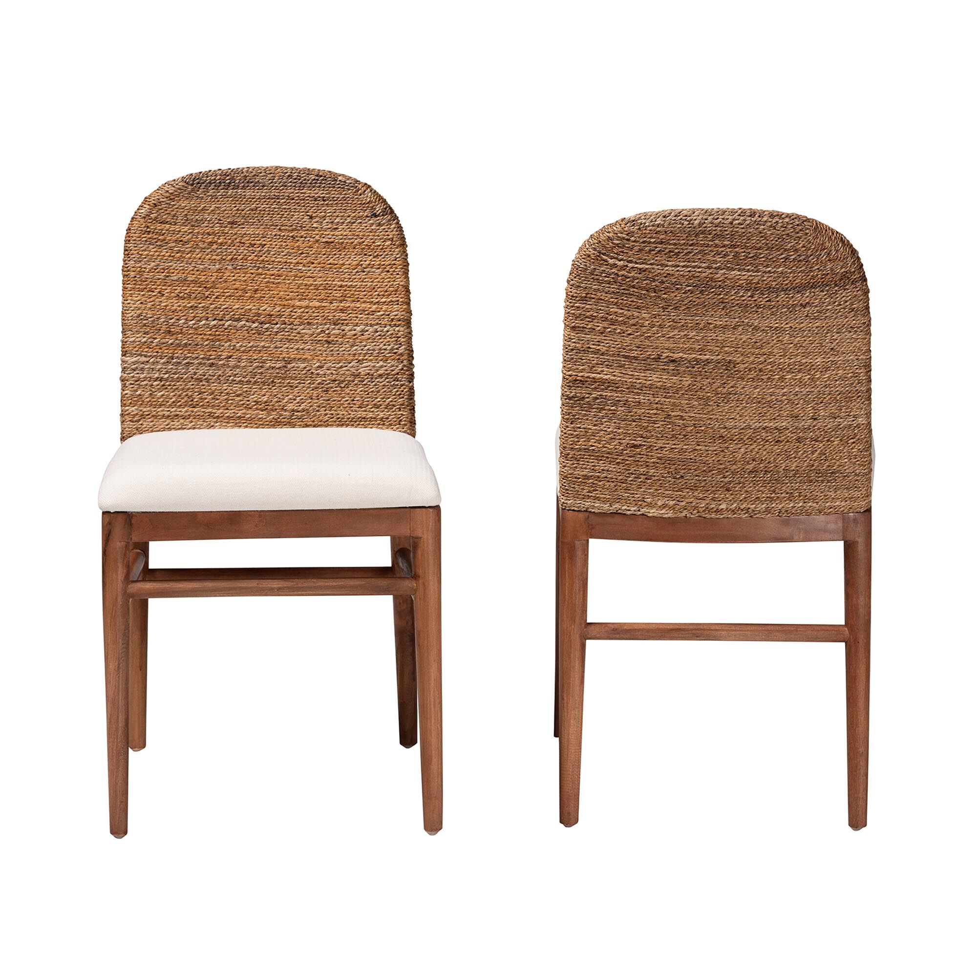 Nadim Modern Bohemian Natural Seagrass and Acacia Wood 2-Piece Dining Chair Set, WHITE, alternate image number 3