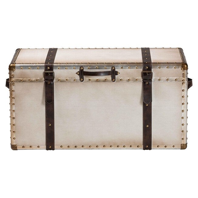 Nevio Vintage Weathered White Canvas Storage Trunk, BEIGE, alternate image number null