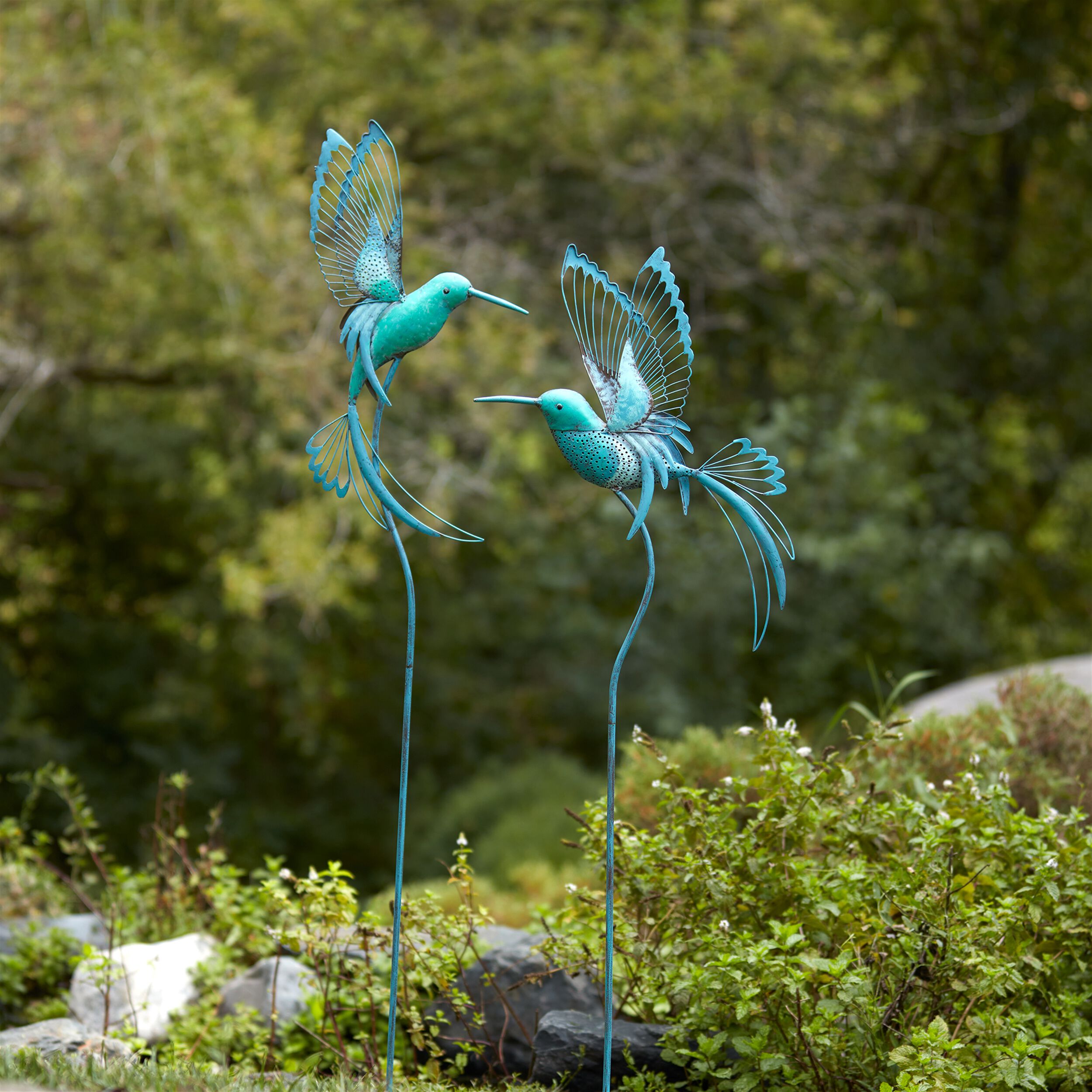 Iron Metal Hummingbird Garden Stake (Set of 2), BLUE/GREEN, alternate image number 3