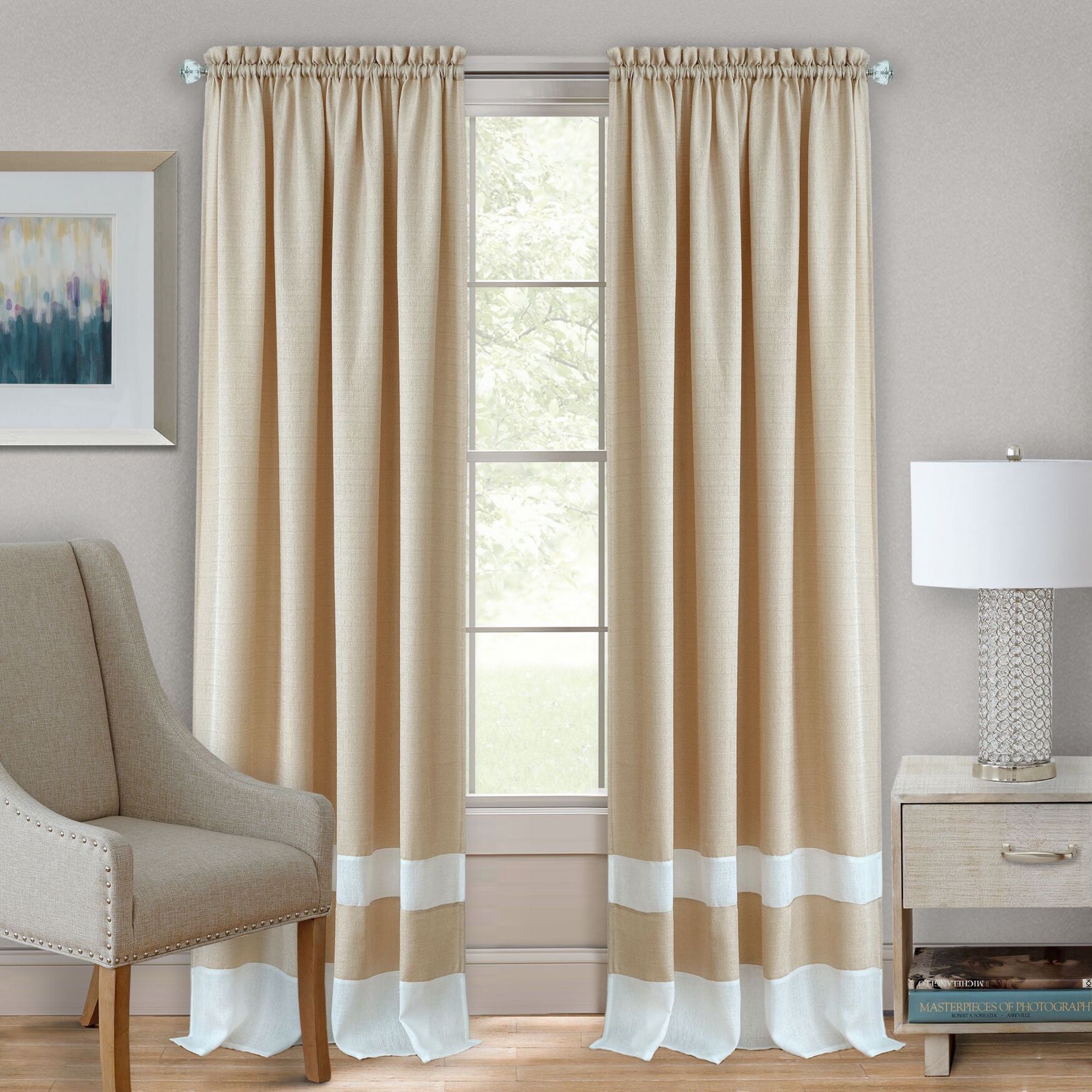 Darcy Rod-Pocket Window Curtain Panel, TAN WHITE, hi-res image number 0