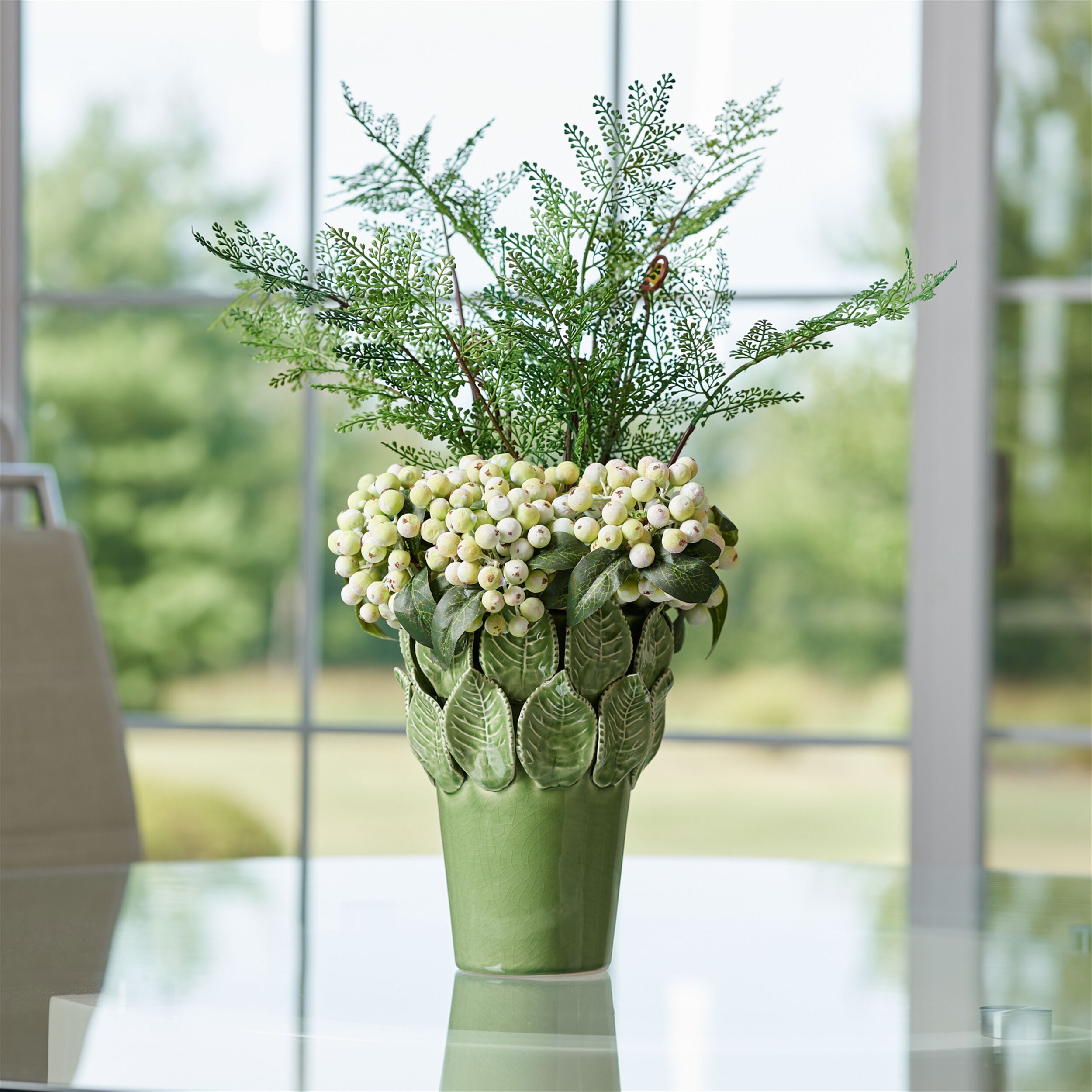 Stoneware Vase with Leaves Accent 7.5INH, GREEN, alternate image number 2