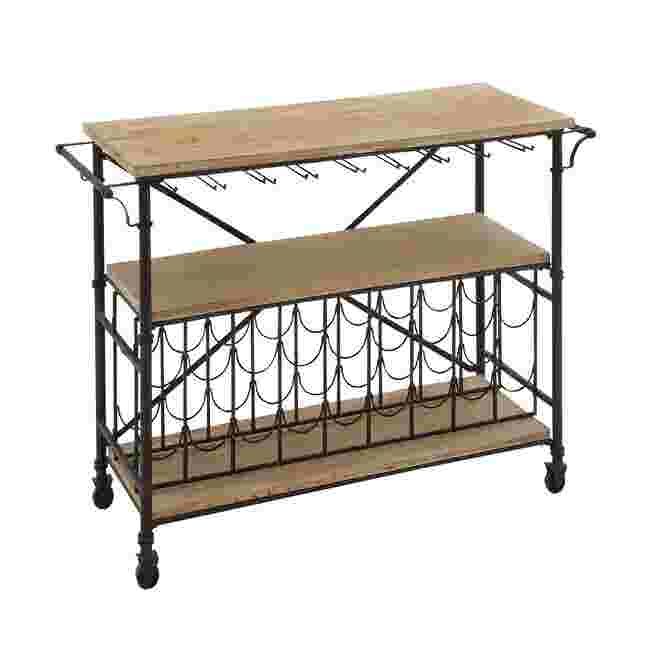 Industrial metal wine storage cart with wooden shelves and wheels