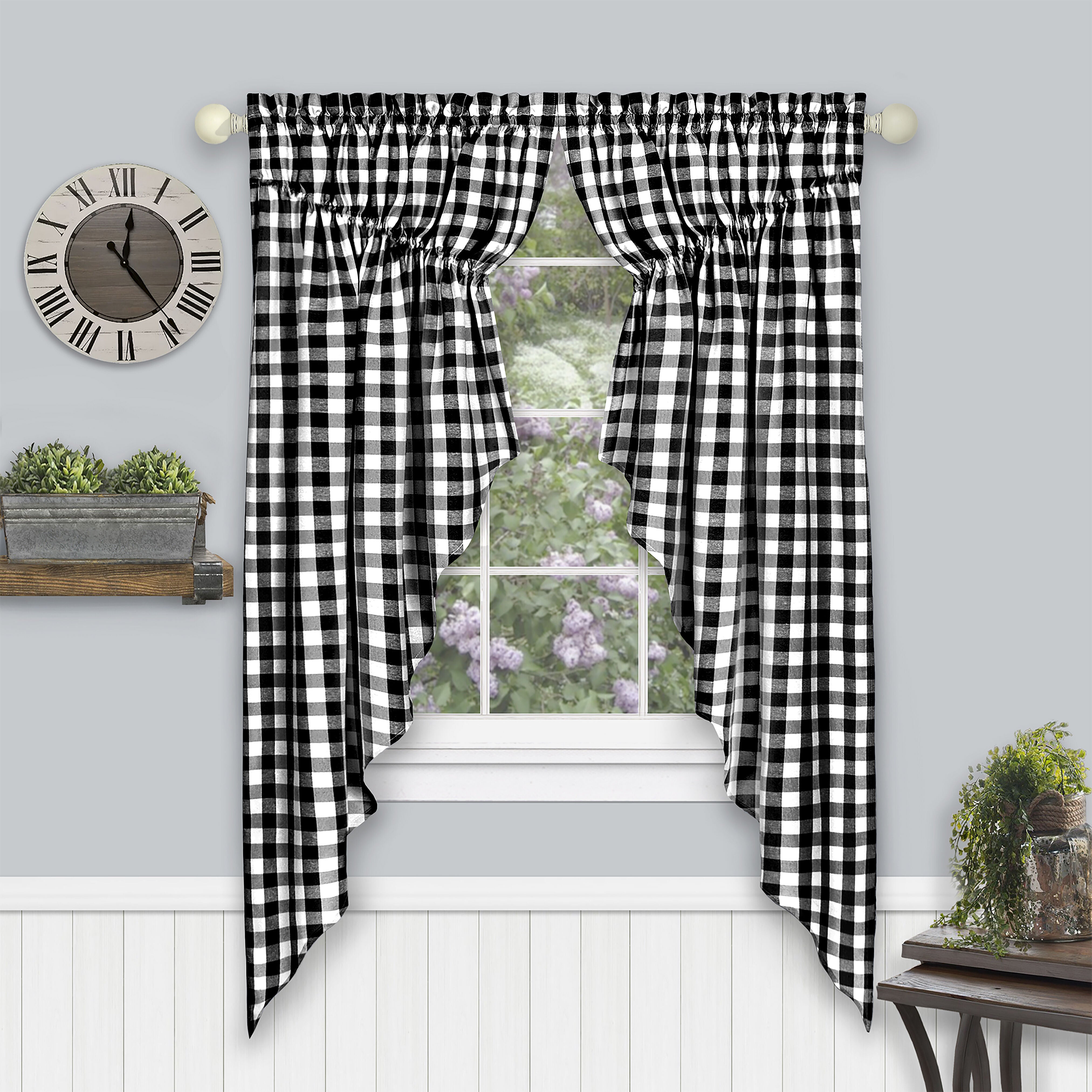 Buffalo Check Gathered Swag Window Curtain Pair, BLACK, hi-res image number 0