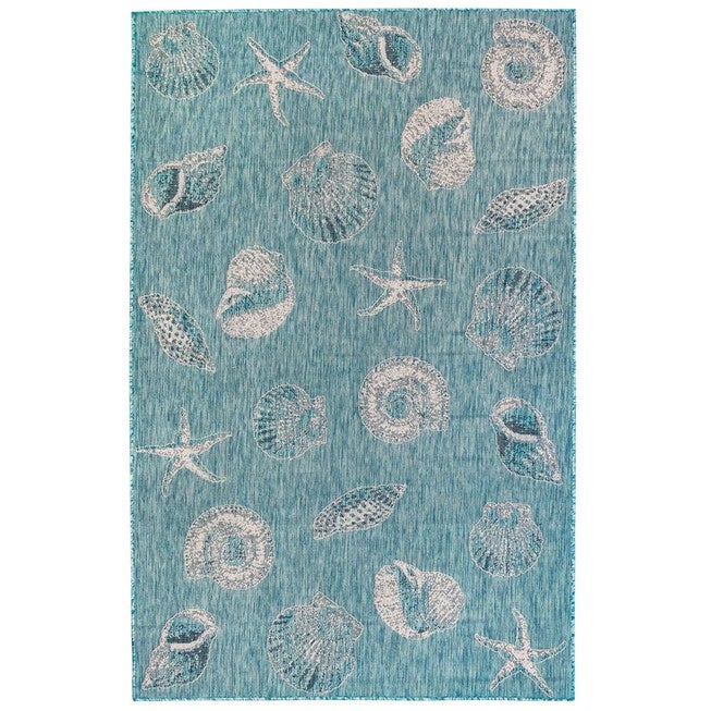 Liora Manne Carmel Shells Indoor/Outdoor Rug Aqua 23 inchesX7 feet 6 inches, AQUA, hi-res image number null