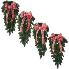 Pre-Lit Swags with Plaid Bows, set of 4