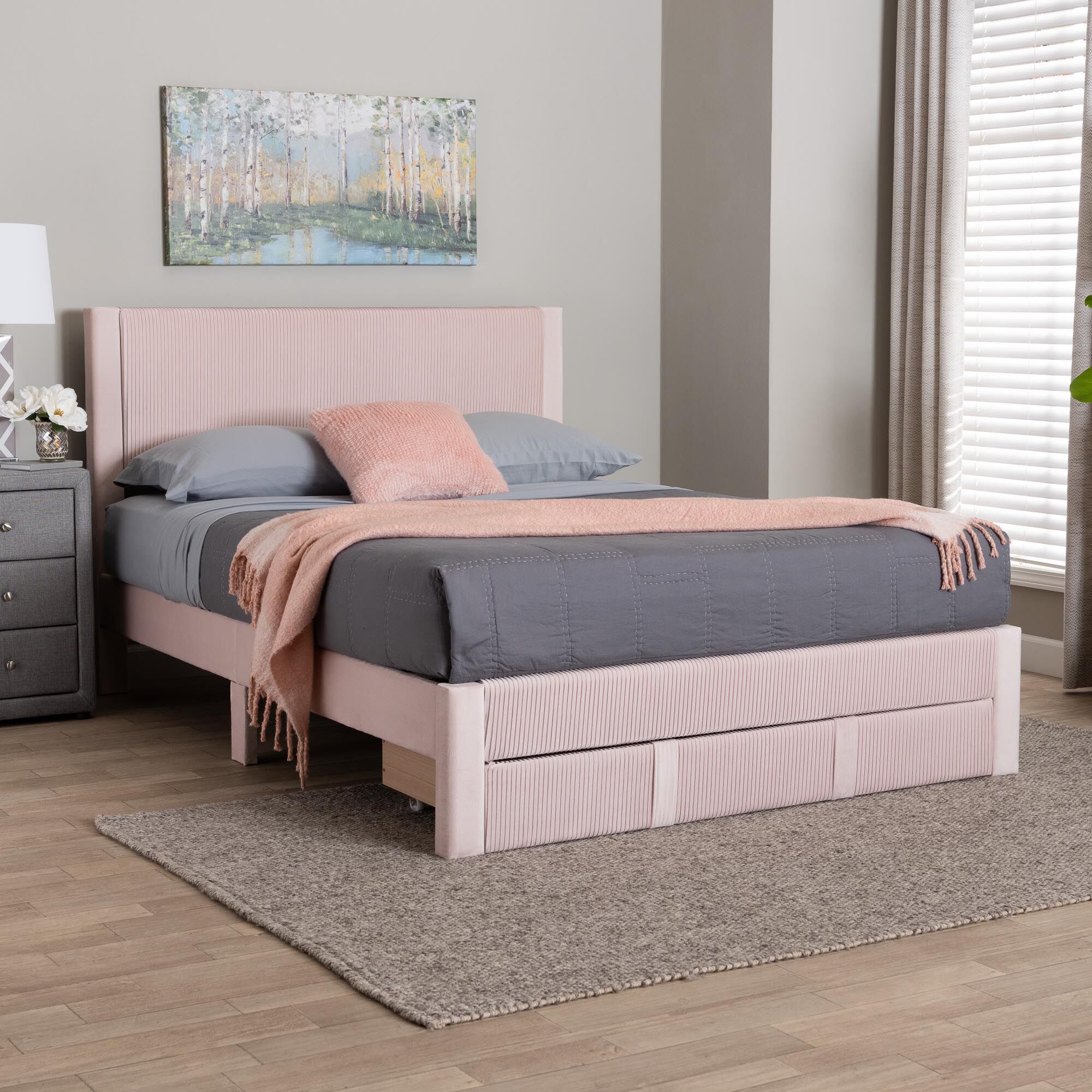 Elora Modern Pleated Velvet Queen Size Storage Bed, LIGHT PINK, hi-res image number 0
