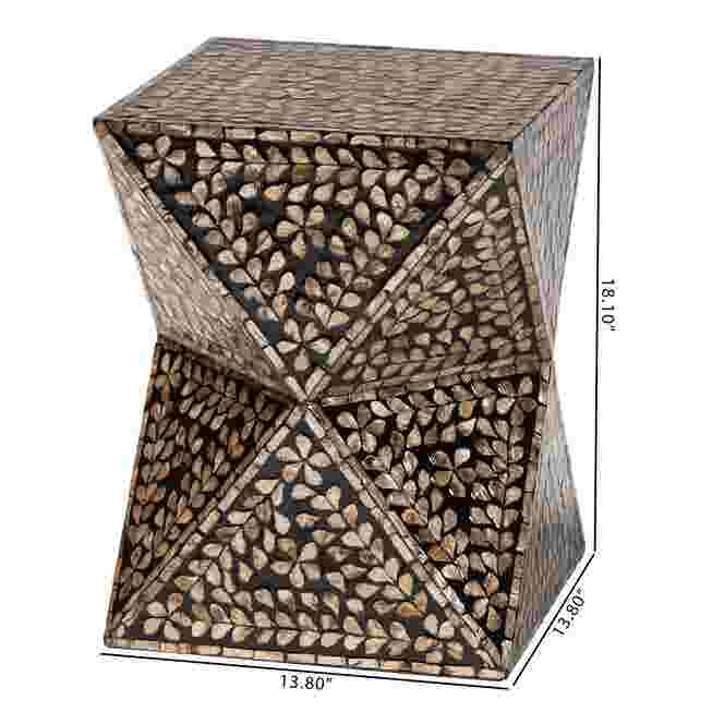 Dimensions of the modern bohemian end table with black and bronze mother of pearl inlay.