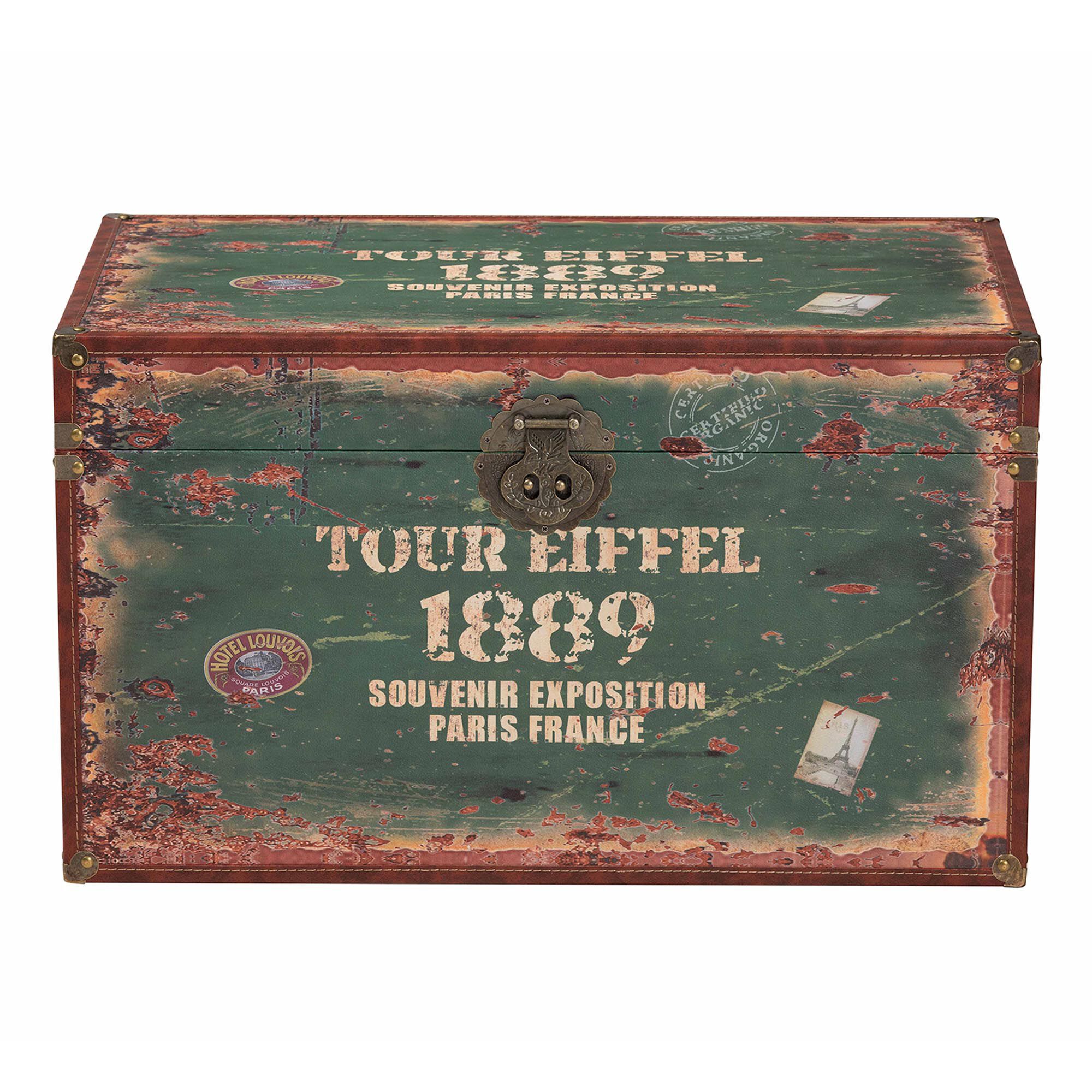 Sabeen Vintage Parisian Faux Leather and Wood 2-Piece Storage Trunk Set, GREEN, alternate image number 4