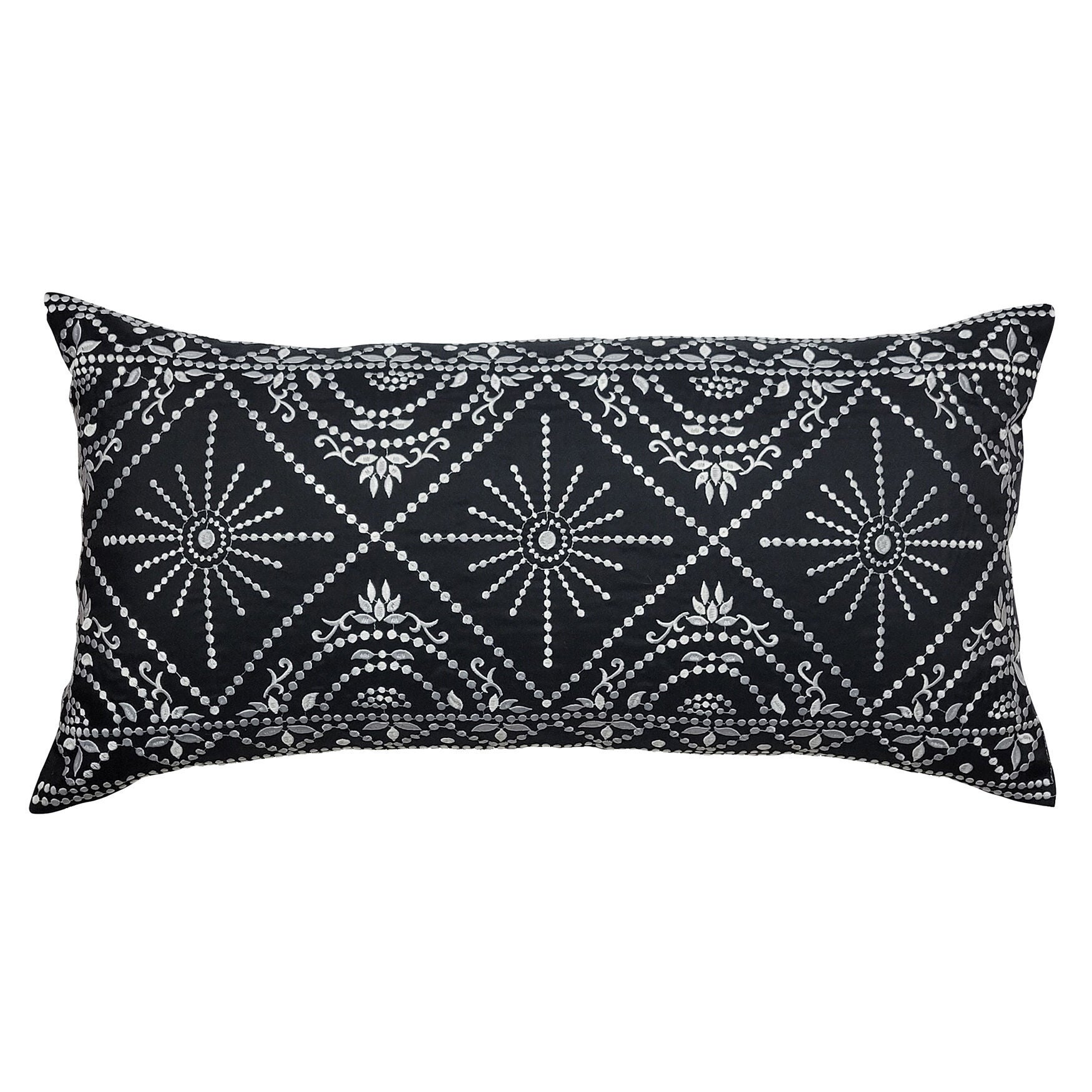 Edie @ Home Indoor/Outdoor Embroidered Tile Oblong Decorative Throw Pillow 15X30, Black/White, BLACK WHITE, hi-res image number 0