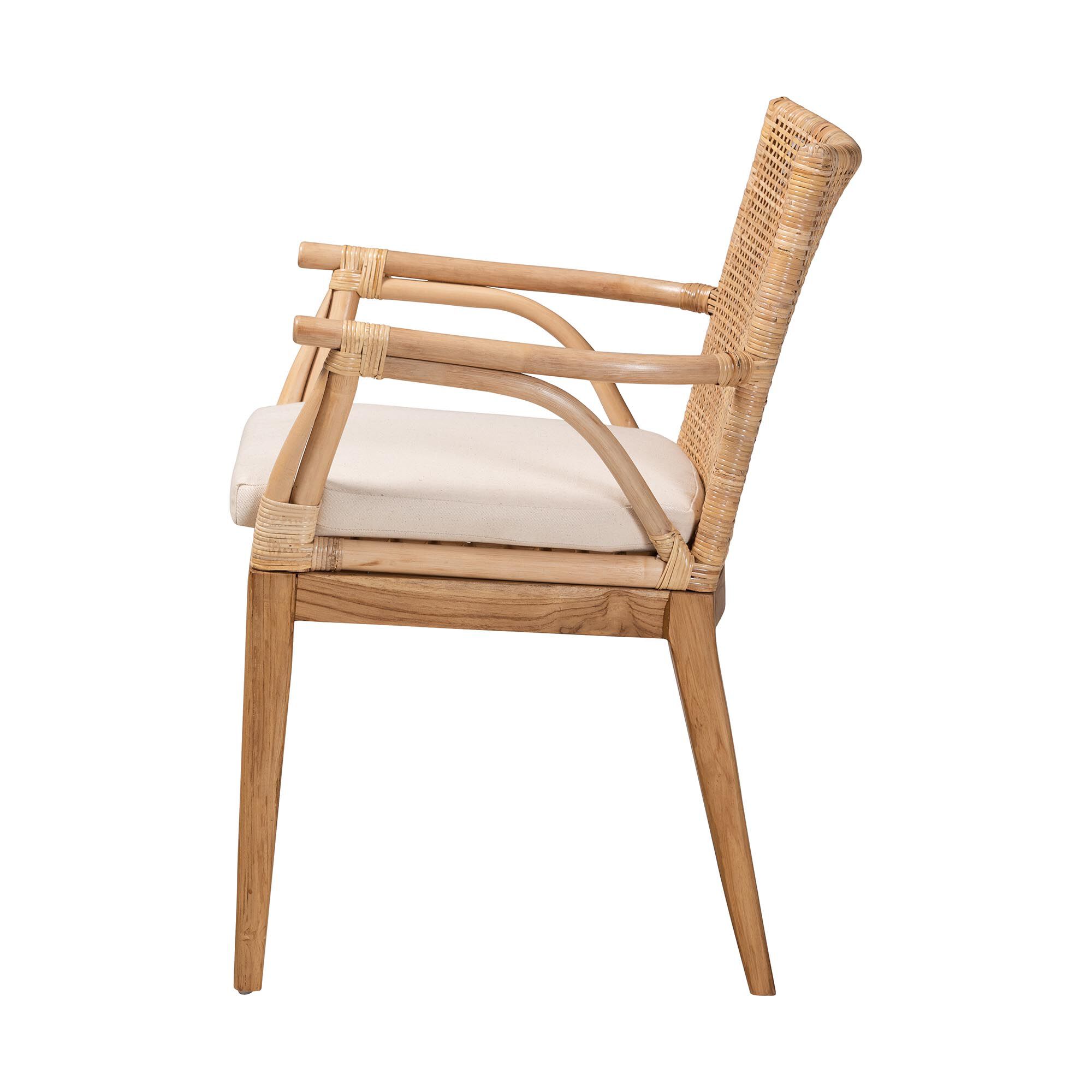 Storsel Modern Bohemian Natural Brown Finished Teak Wood and Rattan Dining Chair, CREAM, alternate image number 5