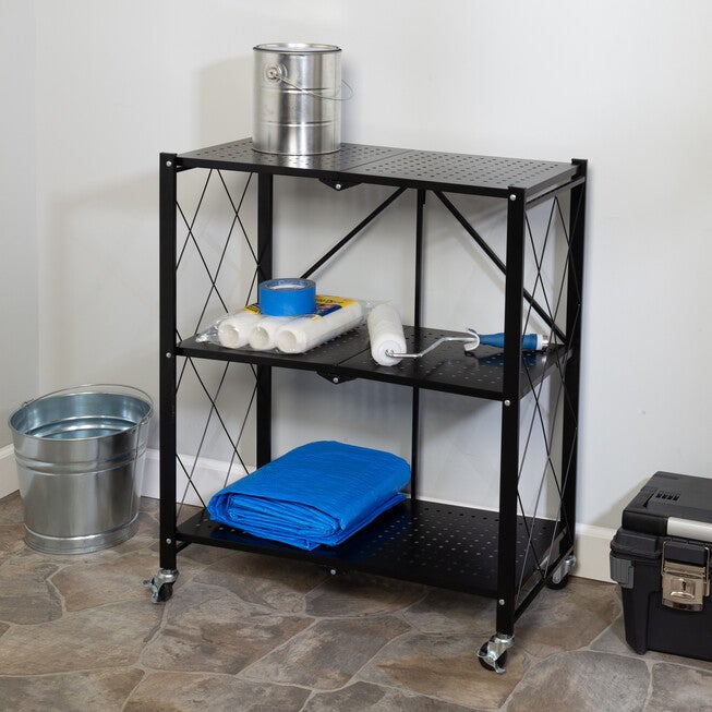 3-Tier Metal Folding Shelf on Wheels, BLACK, hi-res image number null