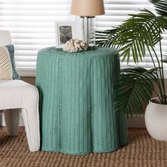 Palm Teal Green Scallop Natural Rattan Console Table, Round