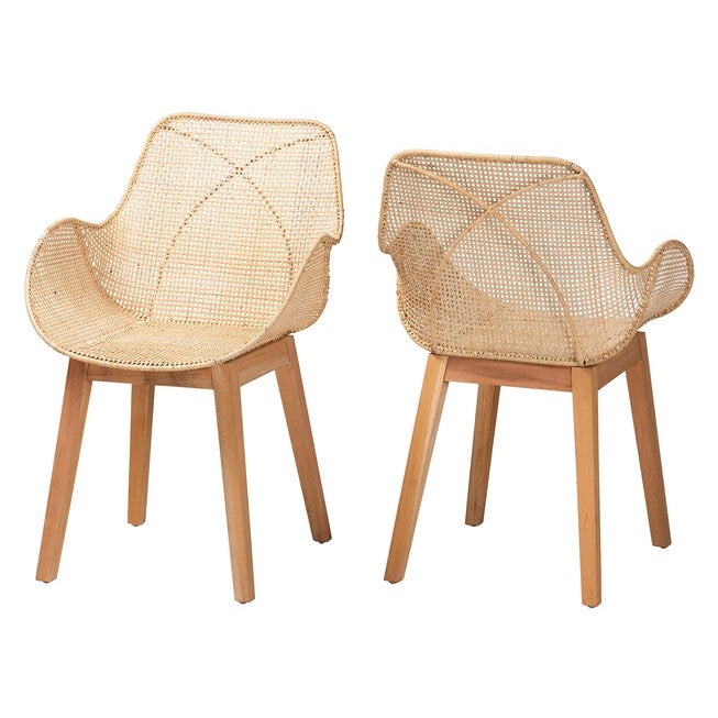 Ballerina Japandi Natural Brown Finished Mahogany Wood And Rattan 2-Piece Dining Chair Set, NATURAL BROWN, hi-res image number null