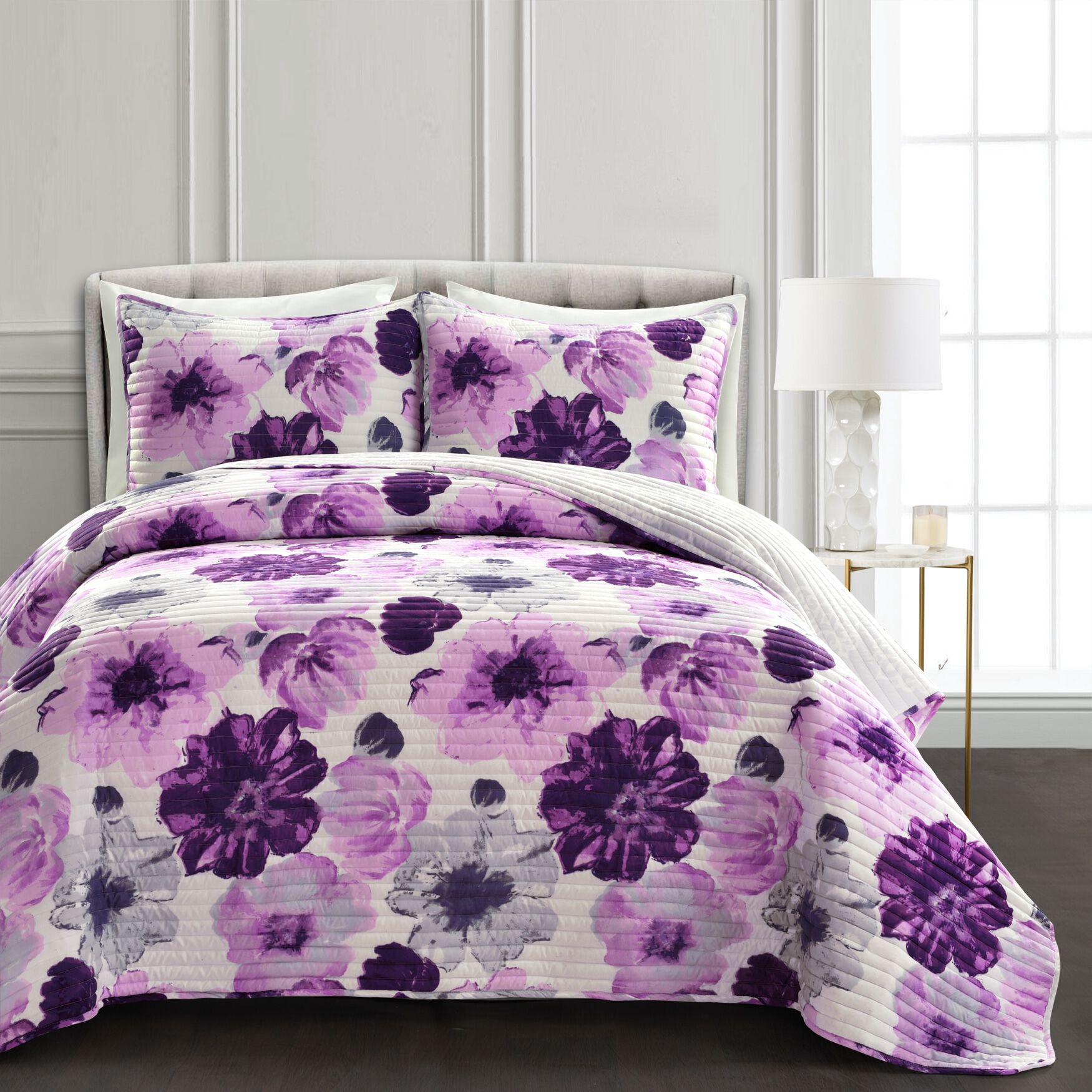 Lush D&eacute;cor Leah Quilt Blue 3Pc Set, GRAY PURPLE, hi-res image number 0