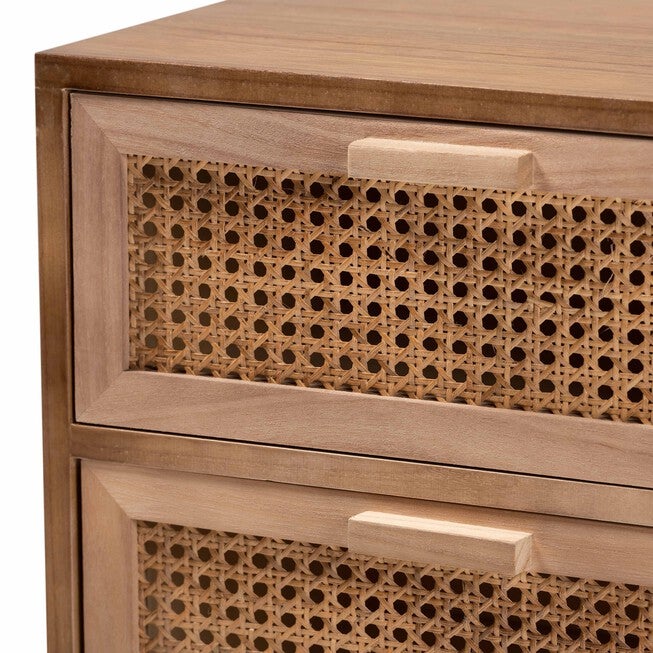 Baden Mid-Century Modern Walnut Brown Finished Wood 3-Drawer Nightstand With Rattan, , alternate image number null