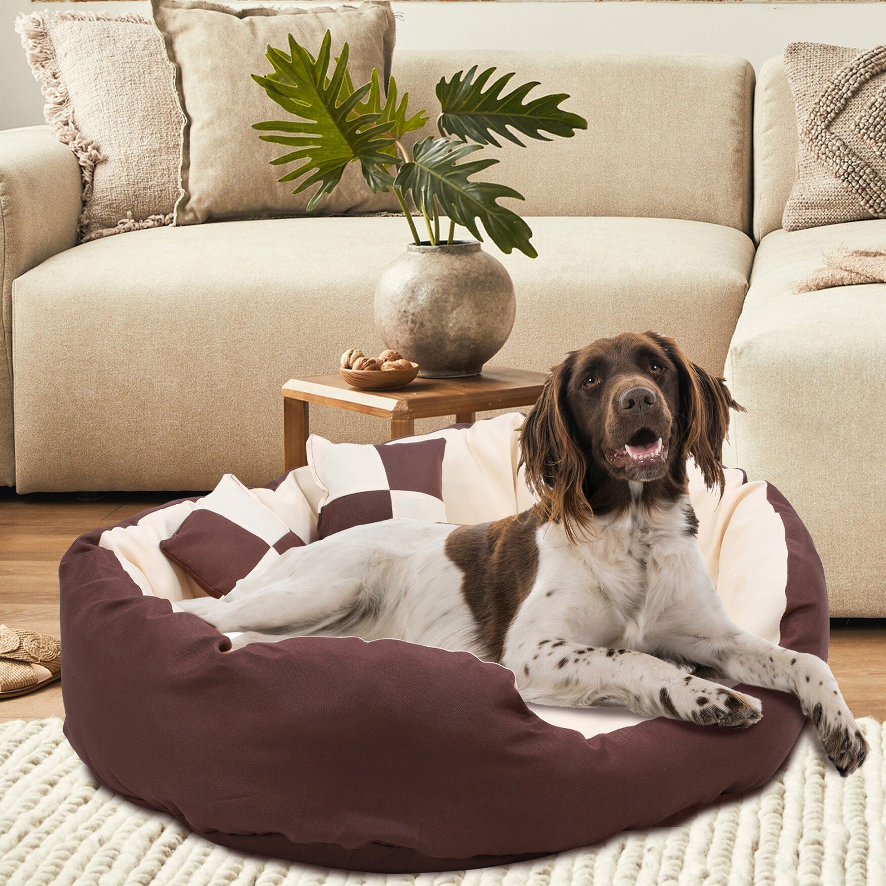 Happycare Tex Durable Bolster sleeper Oval Pet bed with removable reversible insert cushion and additional two pillow , Large 34 by 27 inches ,Brown to Beige, BROWN, hi-res image number 0