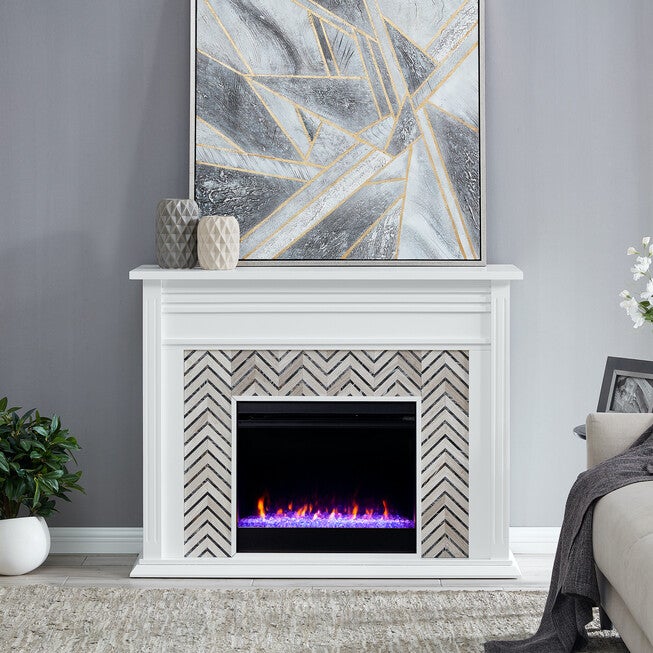 Hebbington Tiled Marble Fireplace, WHITE, hi-res image number 0