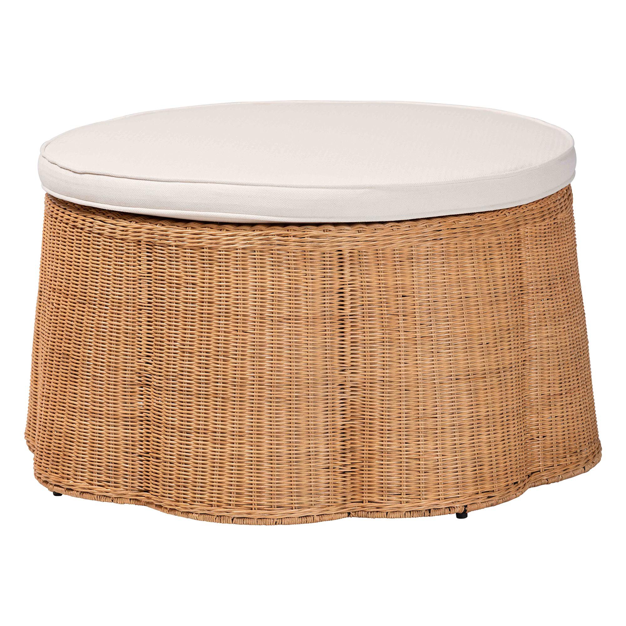 Palm Scallop Natural Rattan Ottoman, 32 inches Round, LIGHT HONEY, alternate image number 1