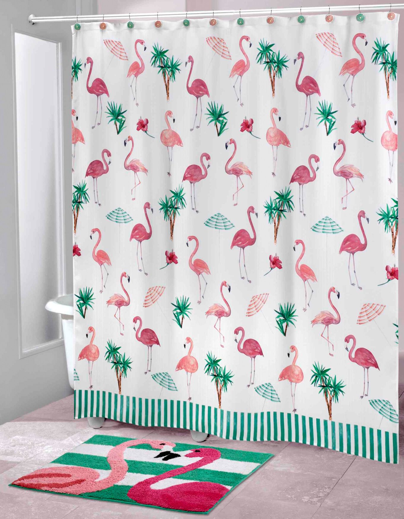 Novelty Shower Curtain, FLAMINGO PARADISE, on-hover image number 1