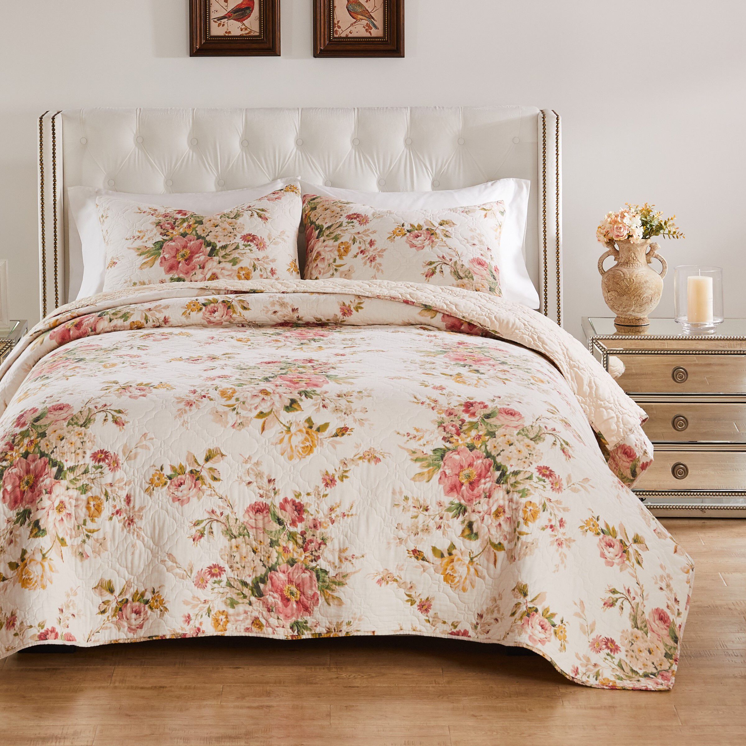 Greenland Home Fashions Grace Finely Stitched Traditional Floral Quilt Set, 3-Piece King/Cal King, Buttercup, BUTTERCUP, alternate image number 1