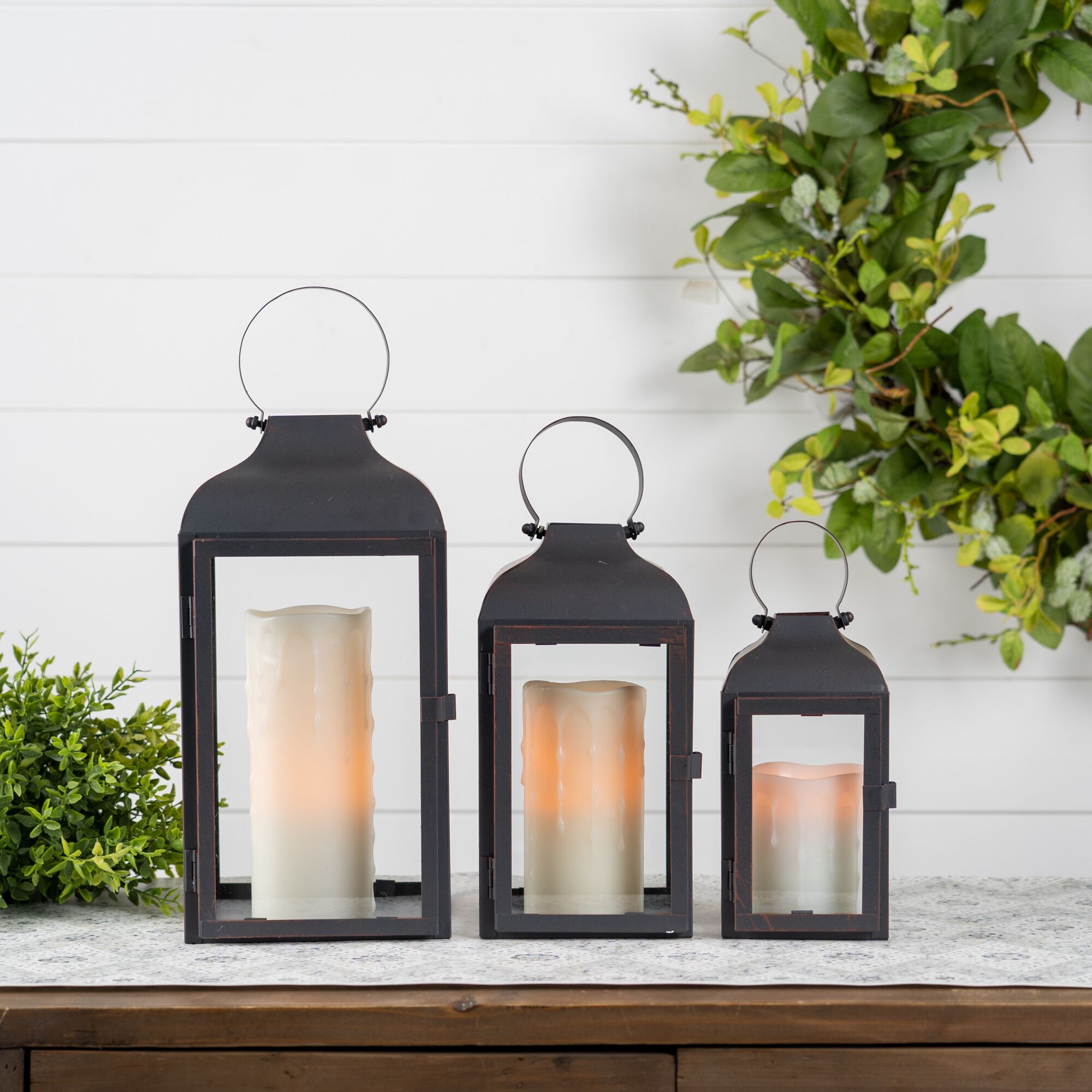 Modern Black Metal Lantern (Set of 2), BLACK CLEAR, alternate image number 1