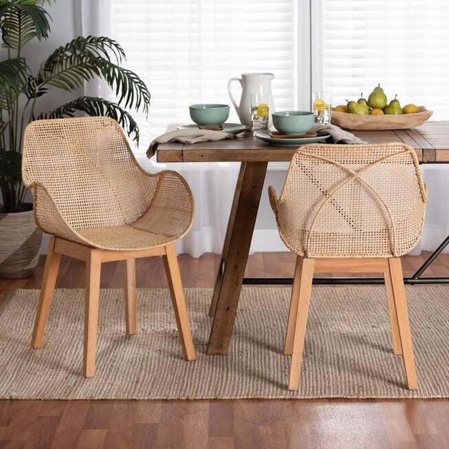 Ballerina Japandi Natural Brown Finished Mahogany Wood And Rattan 2-Piece Dining Chair Set, , alternate image number null