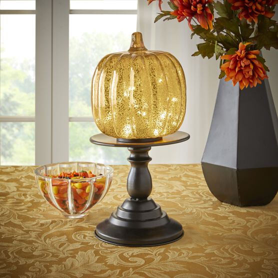 11"H x 6"Diam. Pre-Lit Glass Pumpkin on Stand, , alternate image number null