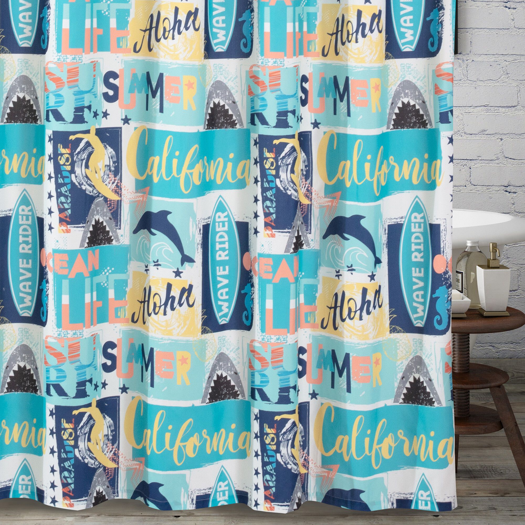 Wave Rider Bath and Shower Curtain, BLUE, hi-res image number 0