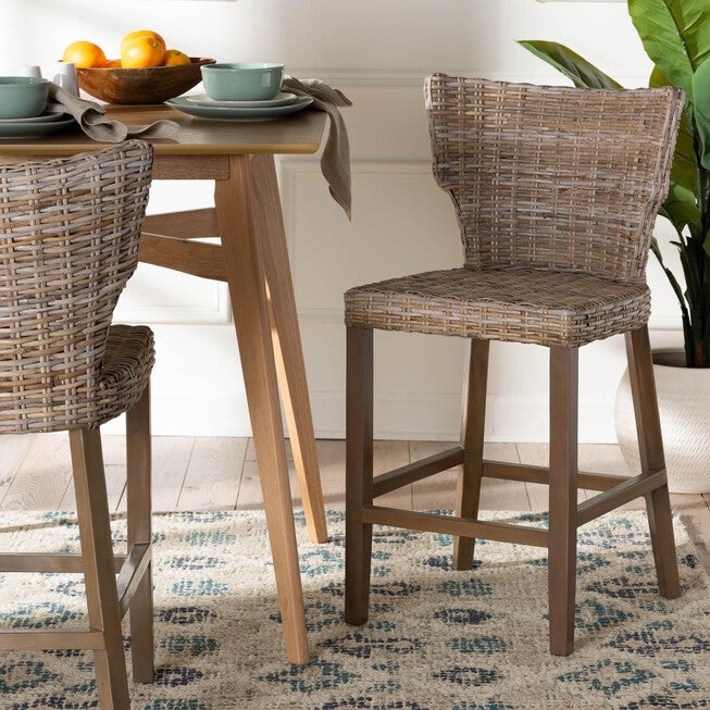 Enver Modern Bohemian Grey Kubu Rattan And Mahogany Wood Counter Stool, , alternate image number null